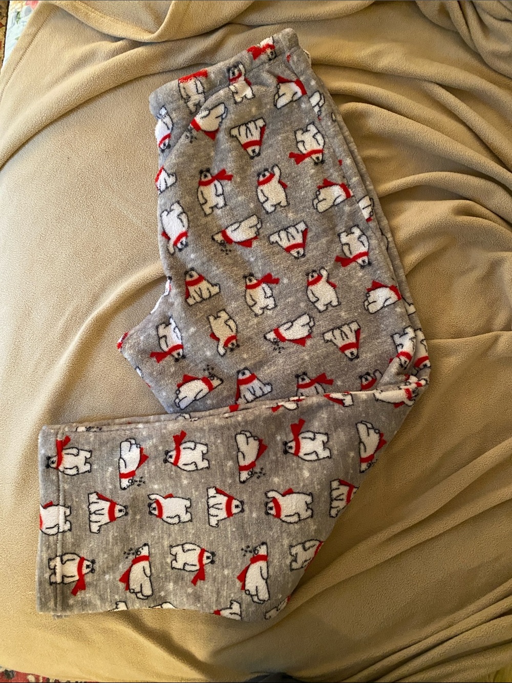 Women’s Grey Polar Bear Fleece Pajama Pants with Red Scarf Print